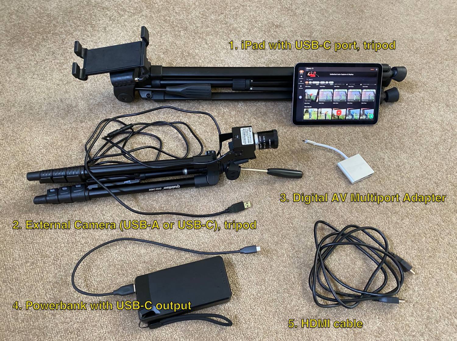 Professional setup equipment: 1. iPad with USB-C port and tripod, 2. external camera (USB-A or USB-C) on a tripod, 3. digital AV multiport adapter, 4. power bank with USB-C output, 5. HDMI cable