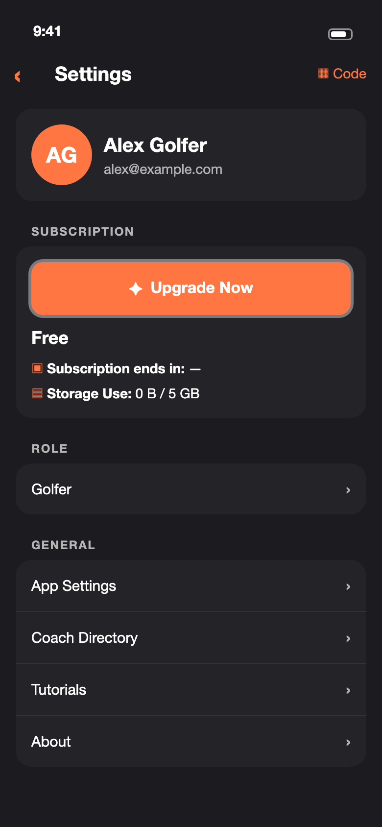 Settings screen with the Upgrade button
